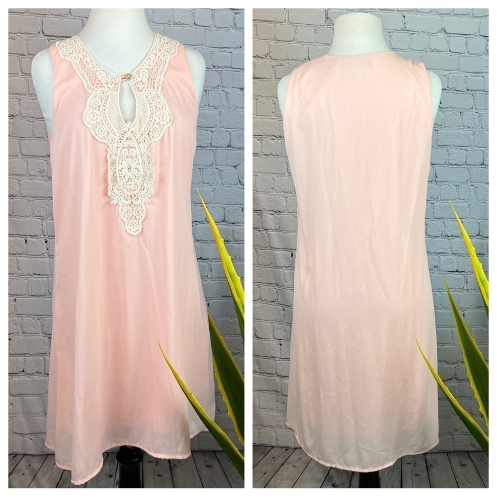 ZOUK Peach Crochet Neck Slip Dress Nightie Boho Size Large